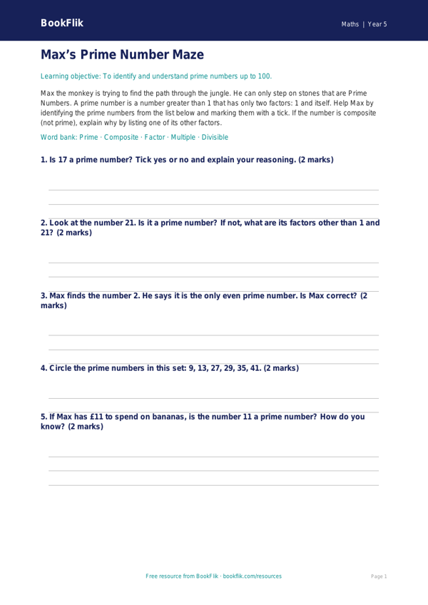 Free Prime Numbers Activity Sheet | Year 5 Core | BookFlik worksheet preview — Maths Prime Numbers