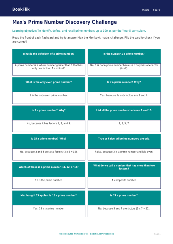 Free Prime Numbers Flashcards | Year 5 Core | BookFlik worksheet preview — Maths Prime Numbers