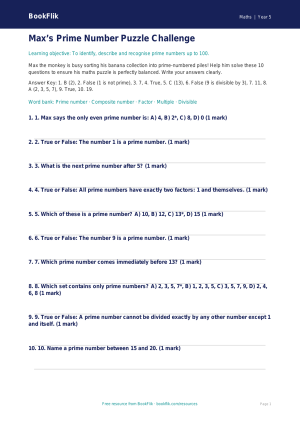 Free Prime Numbers Quiz | Year 5 Core | BookFlik worksheet preview — Maths Prime Numbers