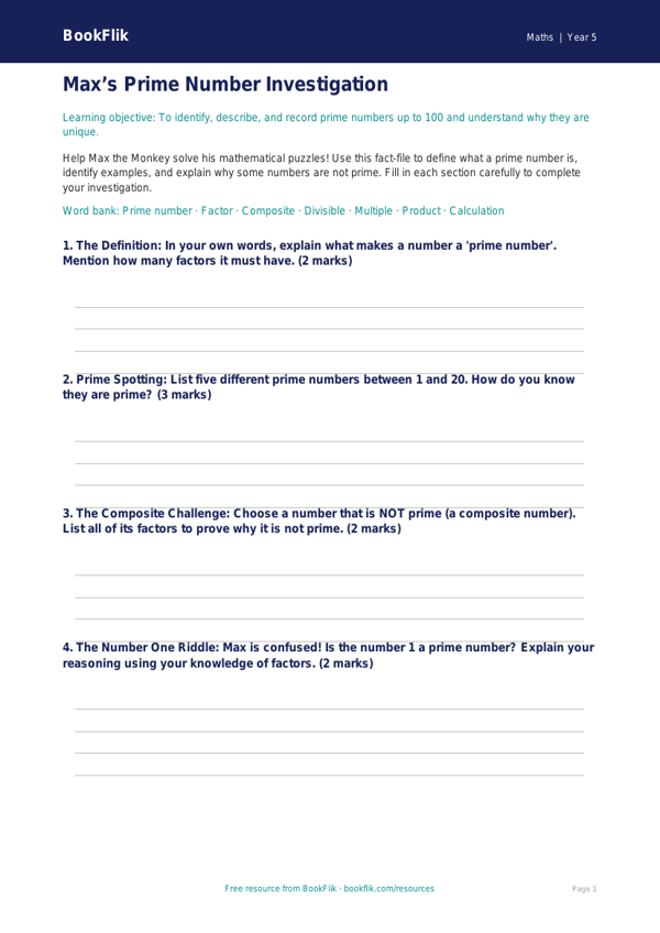 Free Prime Numbers Template | Year 5 Core | BookFlik worksheet preview — Maths Prime Numbers