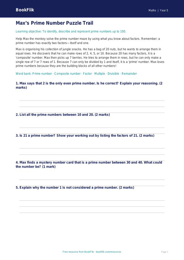 Free Prime Numbers Track Sheet | Year 5 Core | BookFlik worksheet preview — Maths Prime Numbers