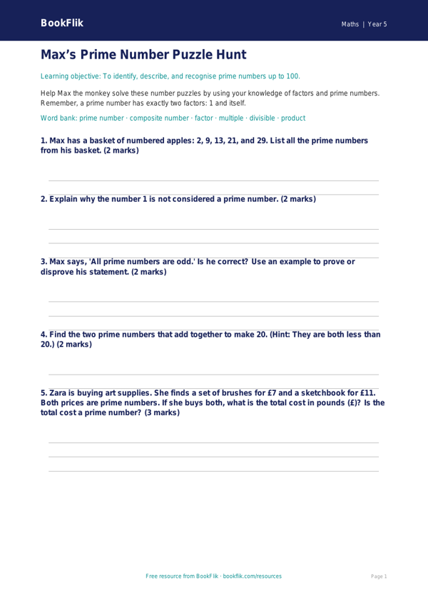 Free Prime Numbers Worksheet | Year 5 Core | BookFlik worksheet preview — Maths Prime Numbers