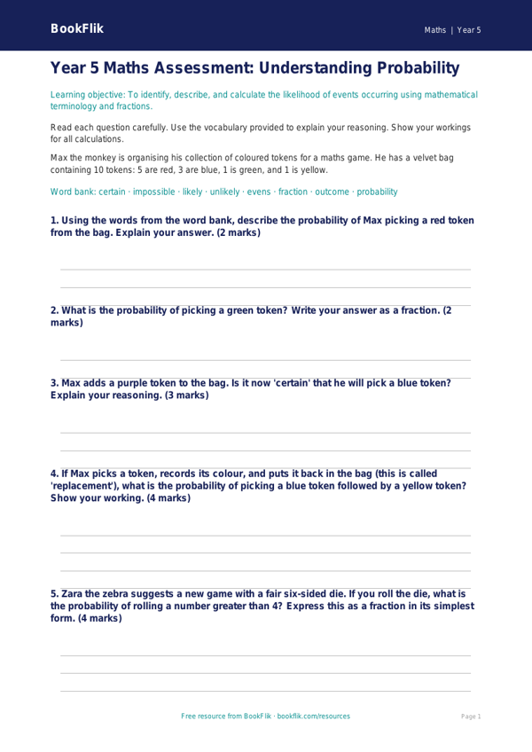 Free Probability Assessment | Year 5 Core | BookFlik worksheet preview — Maths Probability