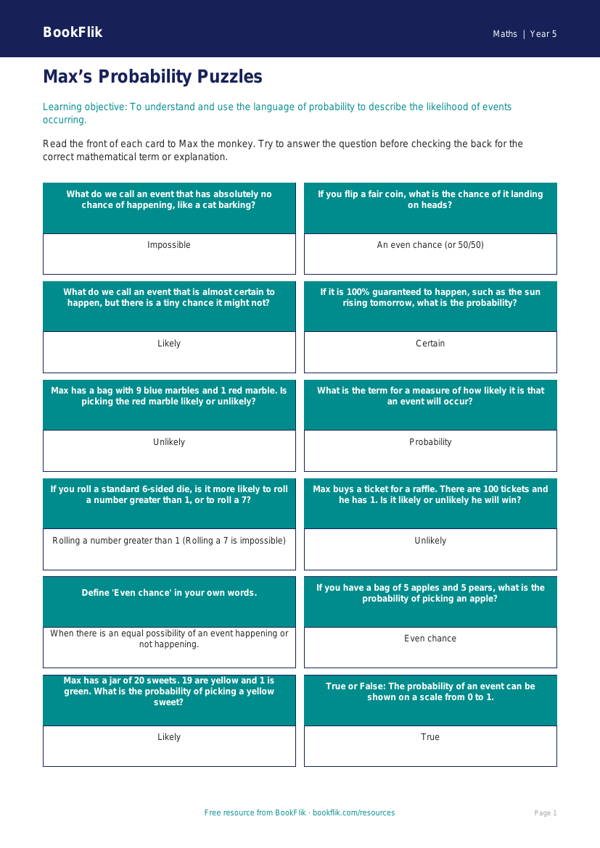 Free Probability Flashcards | Year 5 Core | BookFlik worksheet preview — Maths Probability