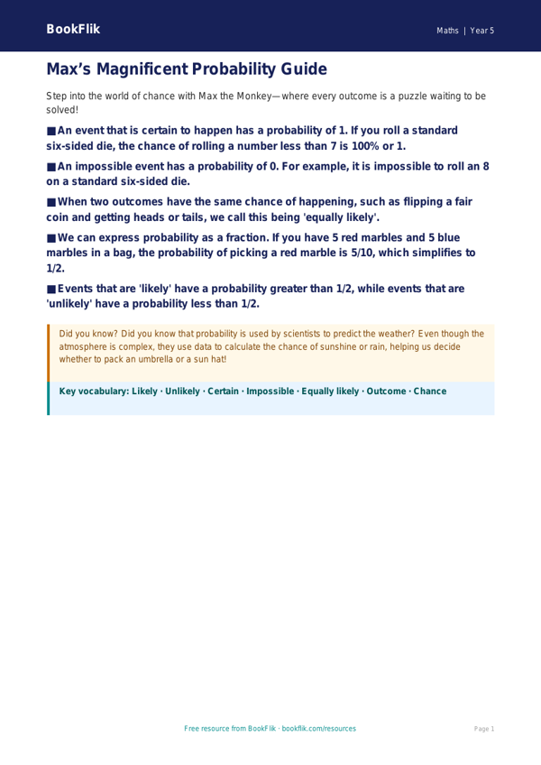 Free Probability Poster | Year 5 Core | BookFlik worksheet preview — Maths Probability