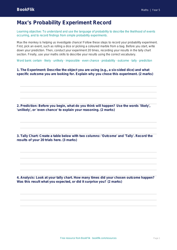 Free Probability Template | Year 5 Core | BookFlik worksheet preview — Maths Probability