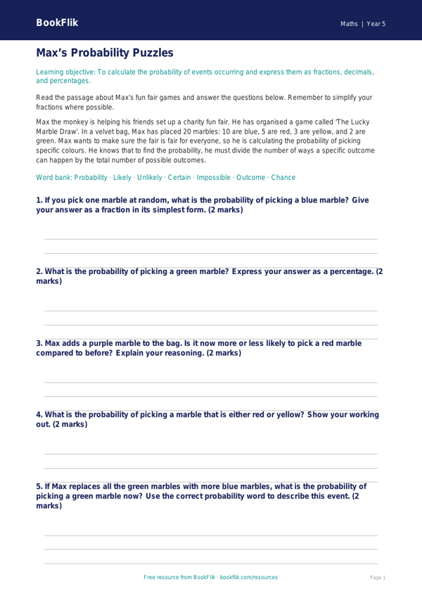 Free Probability Track Sheet | Year 5 Core | BookFlik worksheet preview — Maths Probability