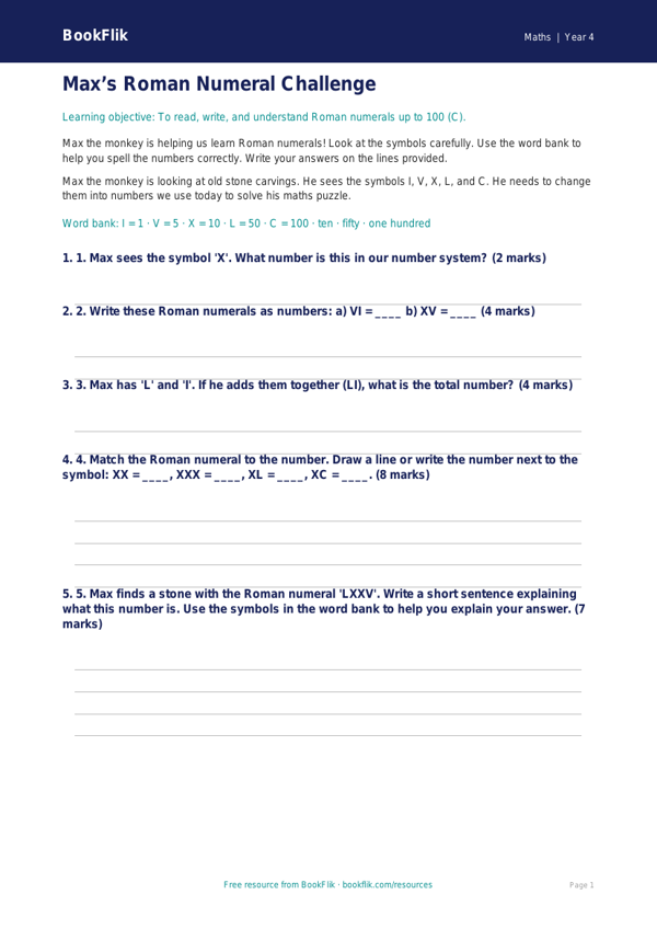 Free Roman Numerals Assessment | Year 4 Supported | BookFlik worksheet preview — Maths Roman Numerals
