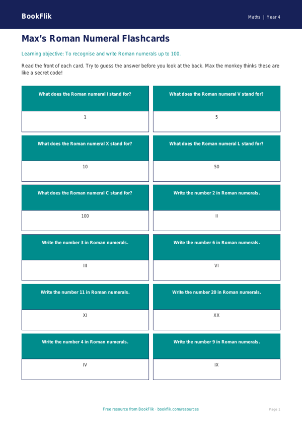 Free Roman Numerals Flashcards | Year 4 Supported | BookFlik worksheet preview — Maths Roman Numerals