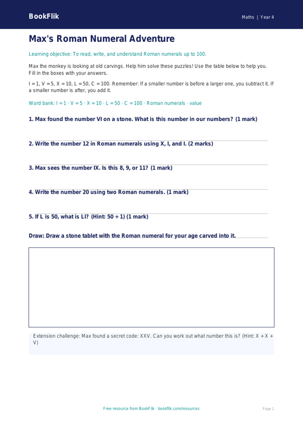 Free Roman Numerals Worksheet | Year 4 Supported | BookFlik worksheet preview — Maths Roman Numerals