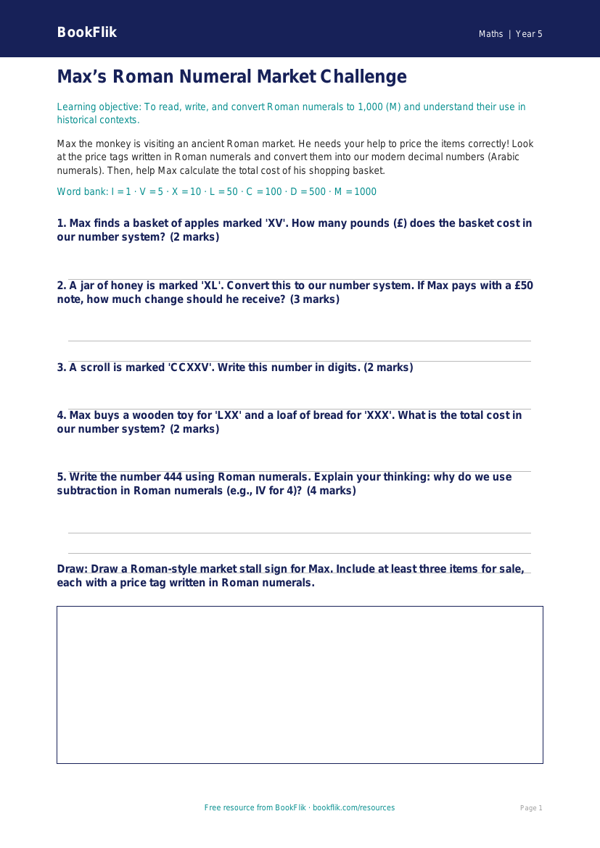 Free Roman Numerals Activity Sheet | Year 5 Core | BookFlik worksheet preview — Maths Roman Numerals