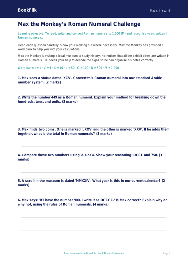 Free Roman Numerals Assessment | Year 5 Core | BookFlik worksheet preview — Maths Roman Numerals