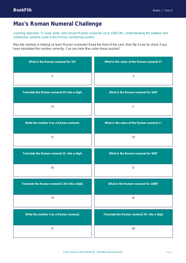 Free Roman Numerals Flashcards | Year 5 Core | BookFlik worksheet preview — Maths Roman Numerals