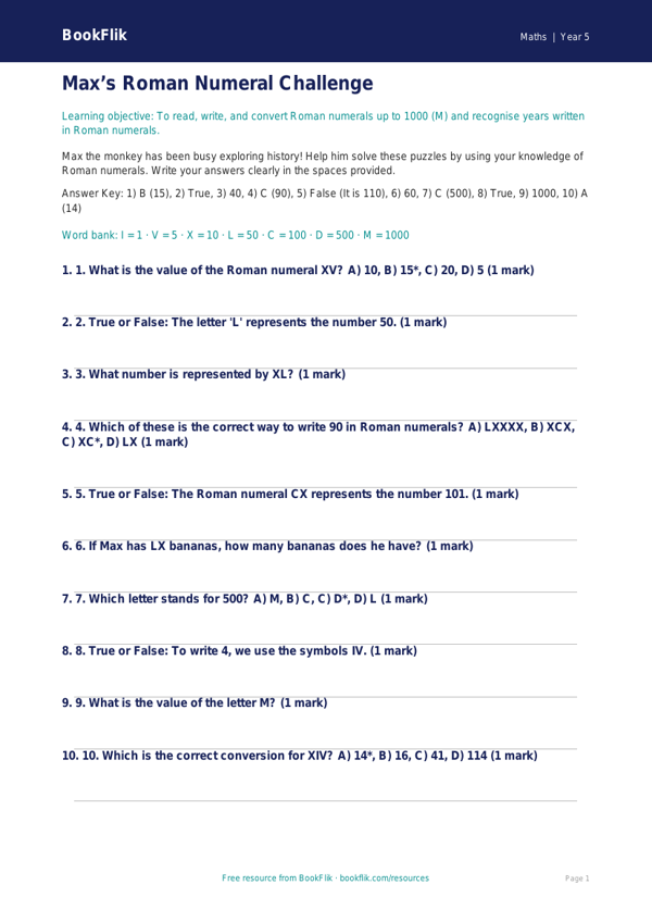 Free Roman Numerals Quiz | Year 5 Core | BookFlik worksheet preview — Maths Roman Numerals