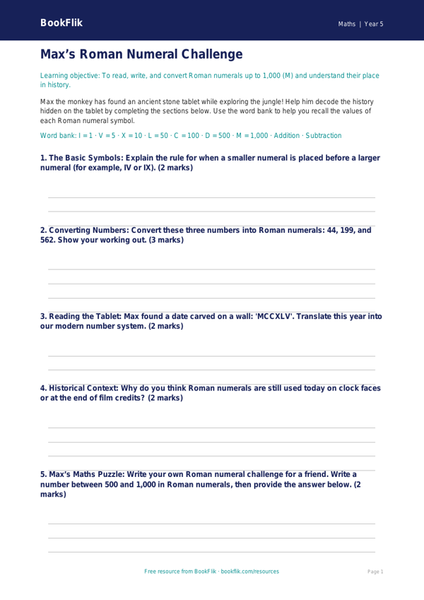 Free Roman Numerals Template | Year 5 Core | BookFlik worksheet preview — Maths Roman Numerals