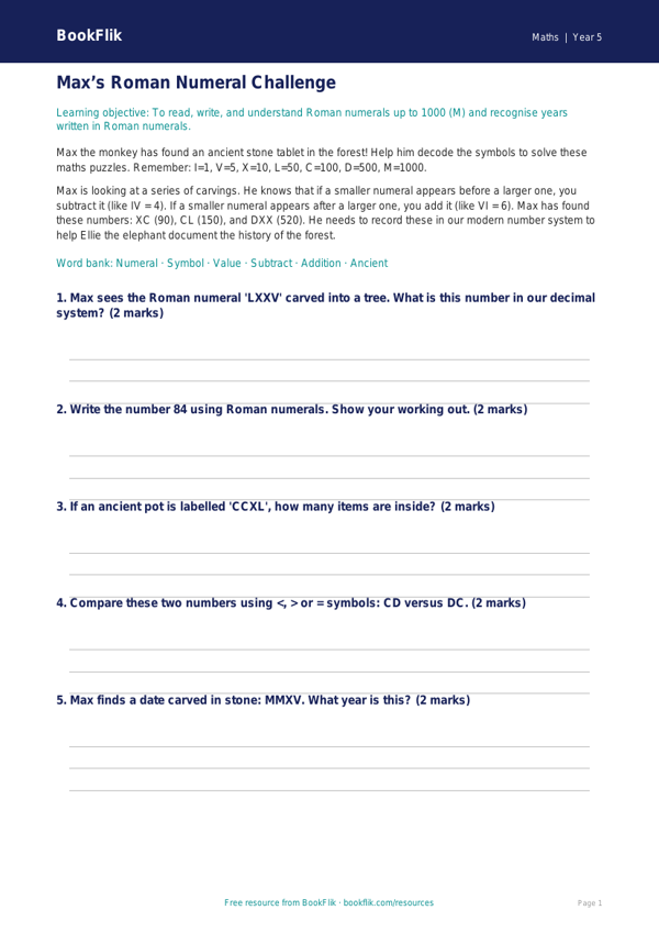 Free Roman Numerals Track Sheet | Year 5 Core | BookFlik worksheet preview — Maths Roman Numerals