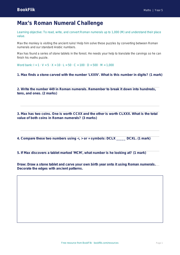 Free Roman Numerals Worksheet | Year 5 Core | BookFlik worksheet preview — Maths Roman Numerals