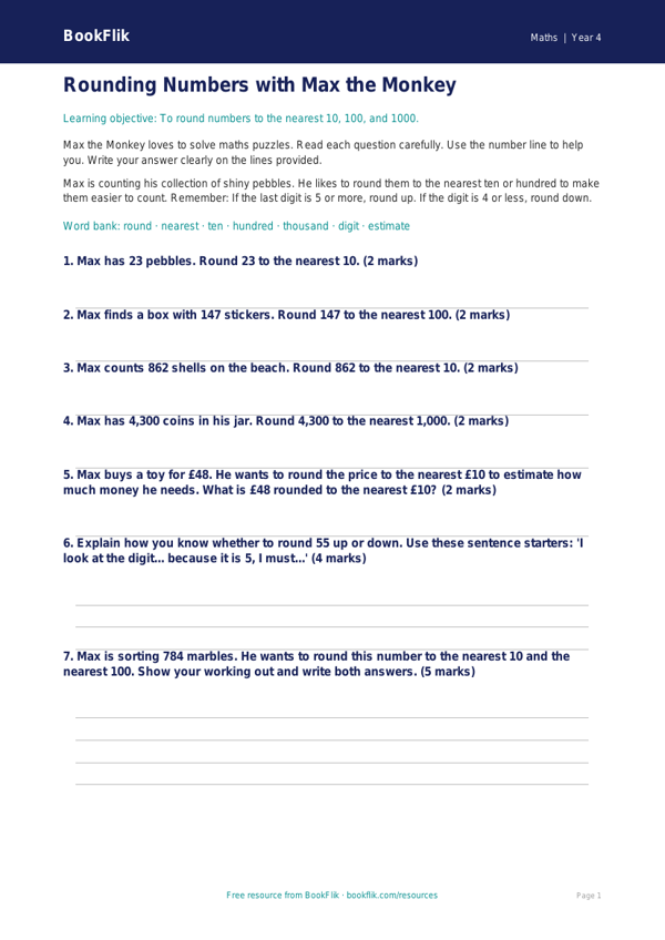 Free Rounding Assessment | Year 4 Supported | BookFlik worksheet preview — Maths Rounding