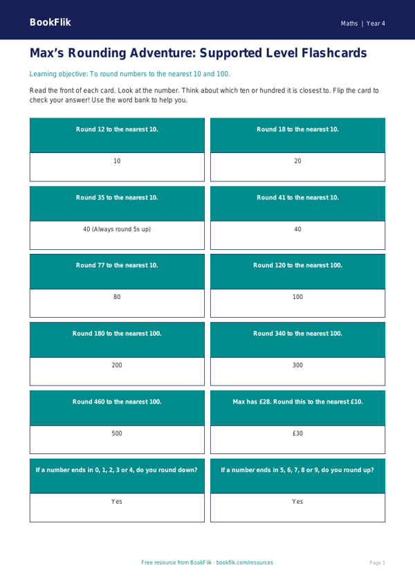 Free Rounding Flashcards | Year 4 Supported | BookFlik worksheet preview — Maths Rounding