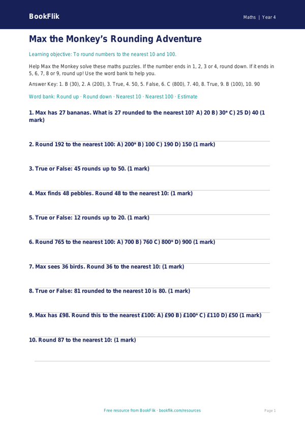 Free Rounding Quiz | Year 4 Supported | BookFlik worksheet preview — Maths Rounding