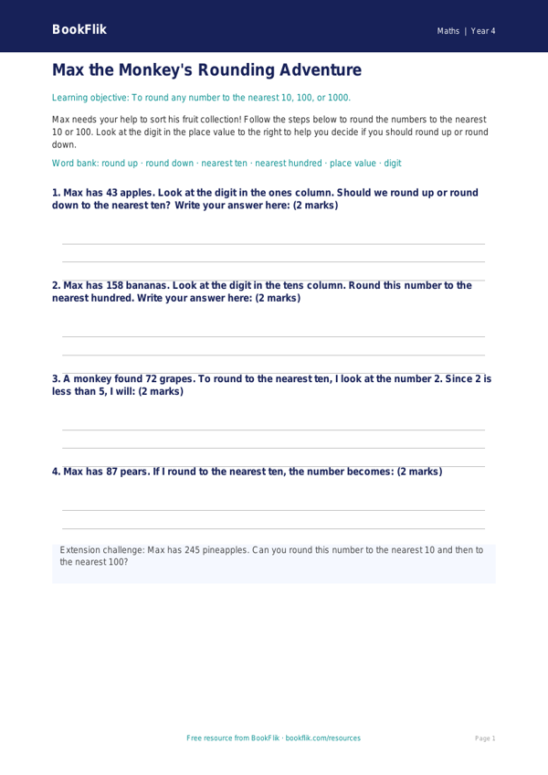 Free Rounding Template | Year 4 Supported | BookFlik worksheet preview — Maths Rounding