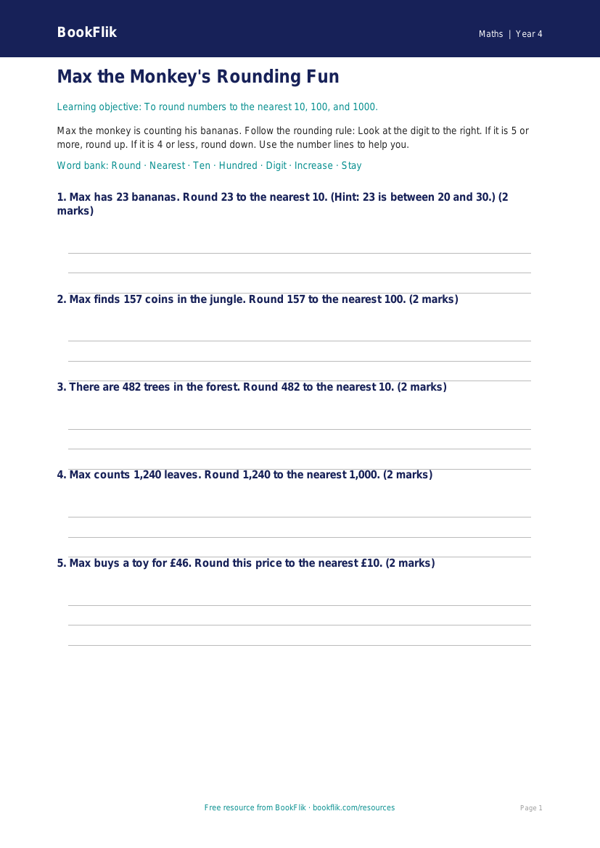 Free Rounding Worksheet | Year 4 Supported | BookFlik worksheet preview — Maths Rounding