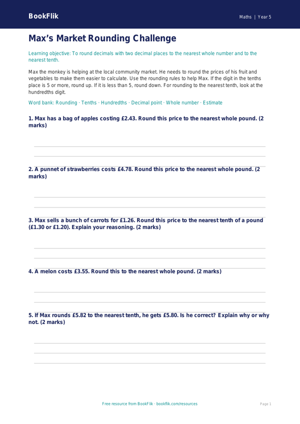 Free Rounding Activity Sheet | Year 5 Core | BookFlik worksheet preview — Maths Rounding