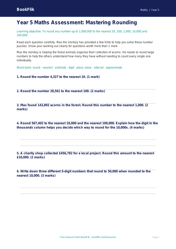 Free Rounding Assessment | Year 5 Core | BookFlik worksheet preview — Maths Rounding
