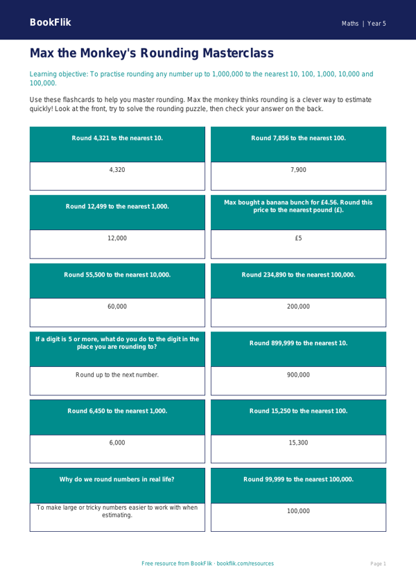 Free Rounding Flashcards | Year 5 Core | BookFlik worksheet preview — Maths Rounding