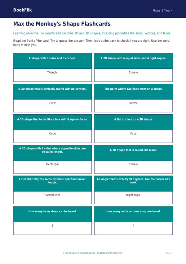 Free Shape Flashcards | Year 4 Supported | BookFlik worksheet preview — Maths Shape