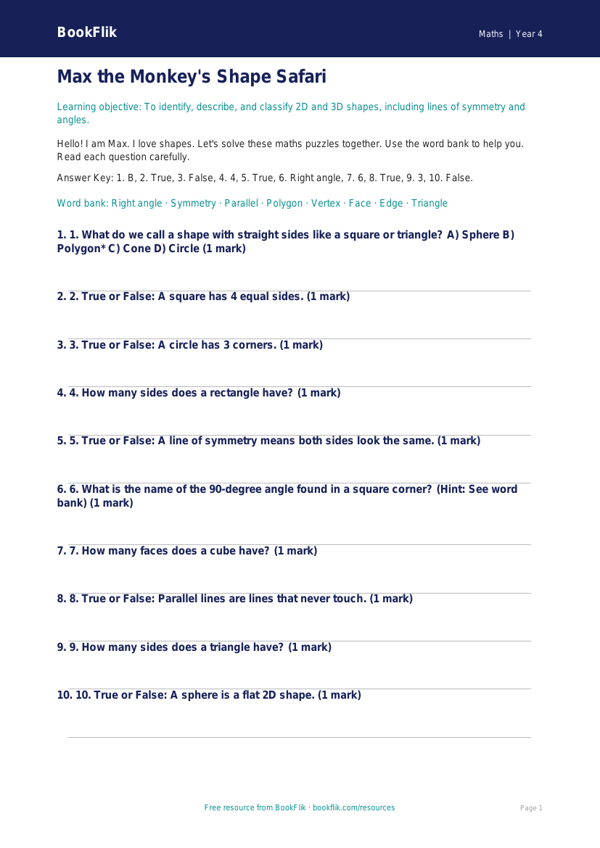 Free Shape Quiz | Year 4 Supported | BookFlik worksheet preview — Maths Shape