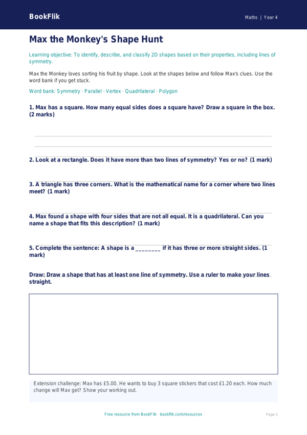 Free Shape Worksheet | Year 4 Supported | BookFlik worksheet preview — Maths Shape