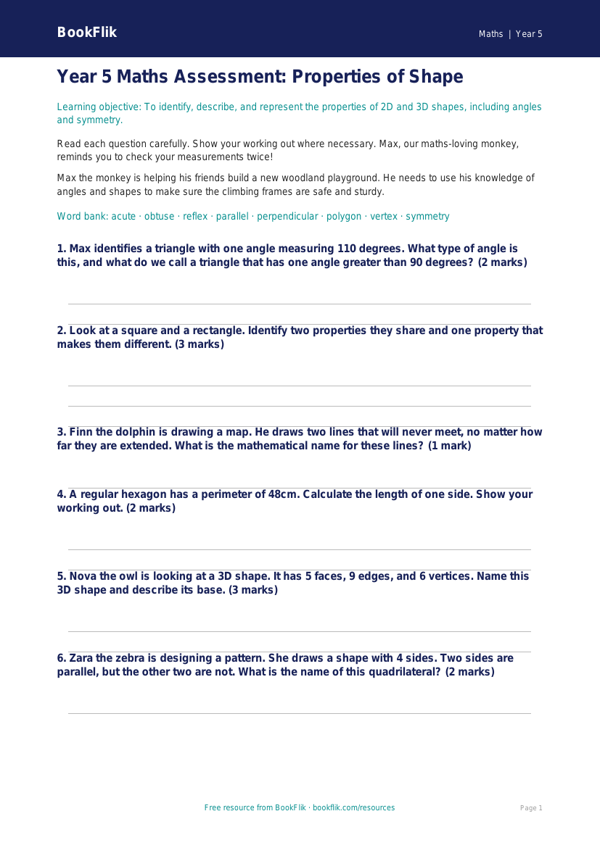 Free Shape Assessment | Year 5 Core | BookFlik worksheet preview — Maths Shape