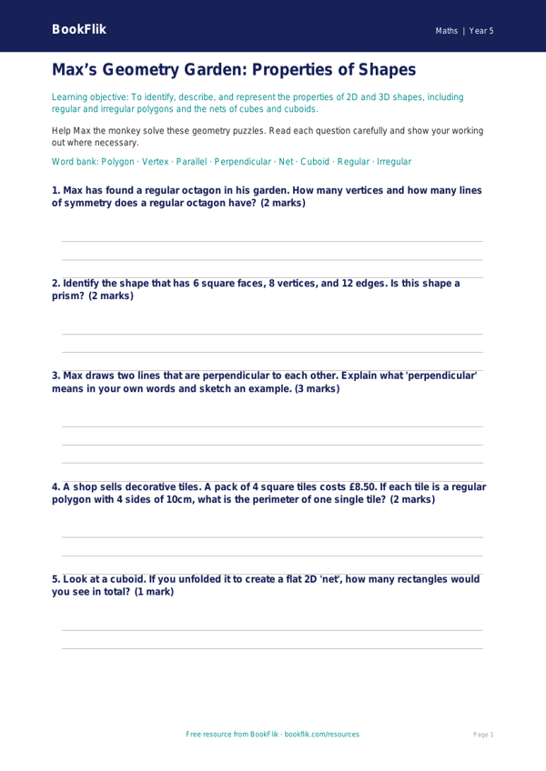 Free Shape Worksheet | Year 5 Core | BookFlik worksheet preview — Maths Shape