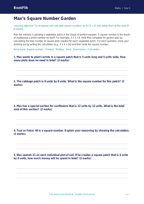 Free Square Numbers Activity Sheet | Year 5 Core | BookFlik worksheet preview — Maths Square Numbers