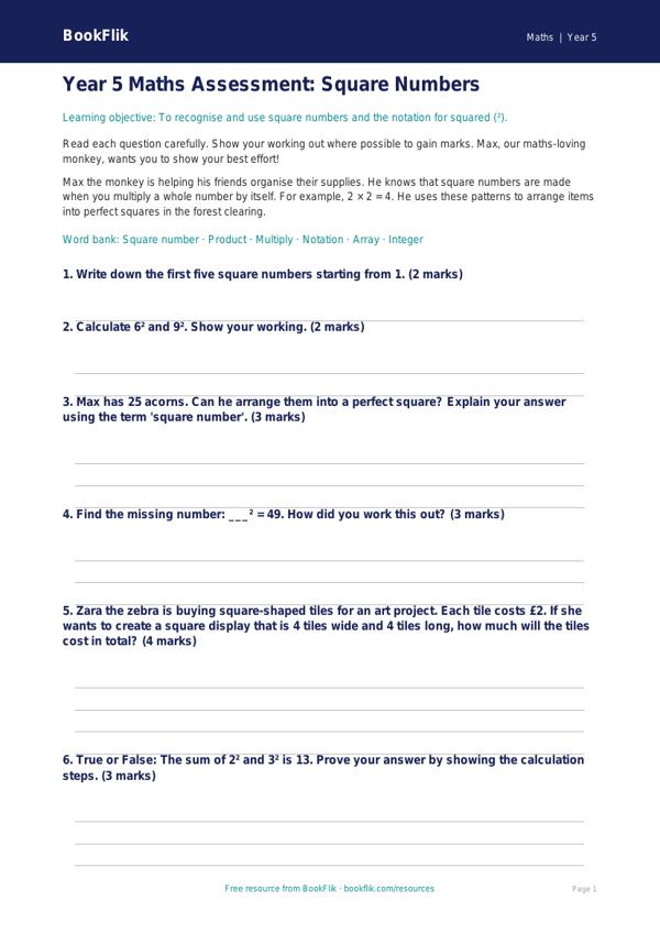 Free Square Numbers Assessment | Year 5 Core | BookFlik worksheet preview — Maths Square Numbers