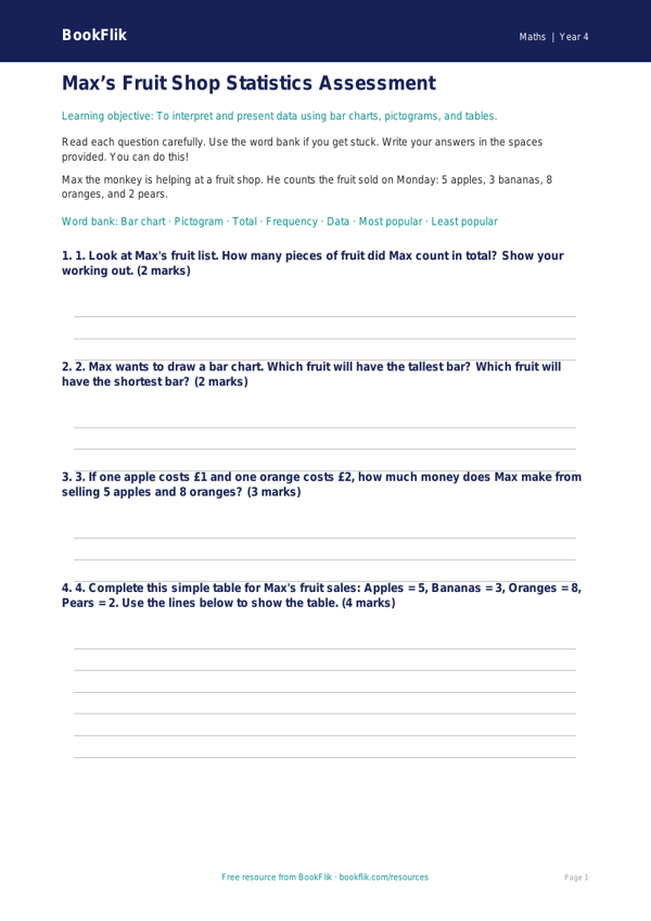 Free Statistics Assessment | Year 4 Supported | BookFlik worksheet preview — Maths Statistics