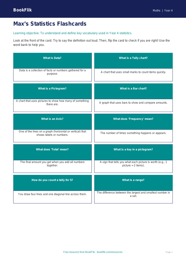 Free Statistics Flashcards | Year 4 Supported | BookFlik worksheet preview — Maths Statistics