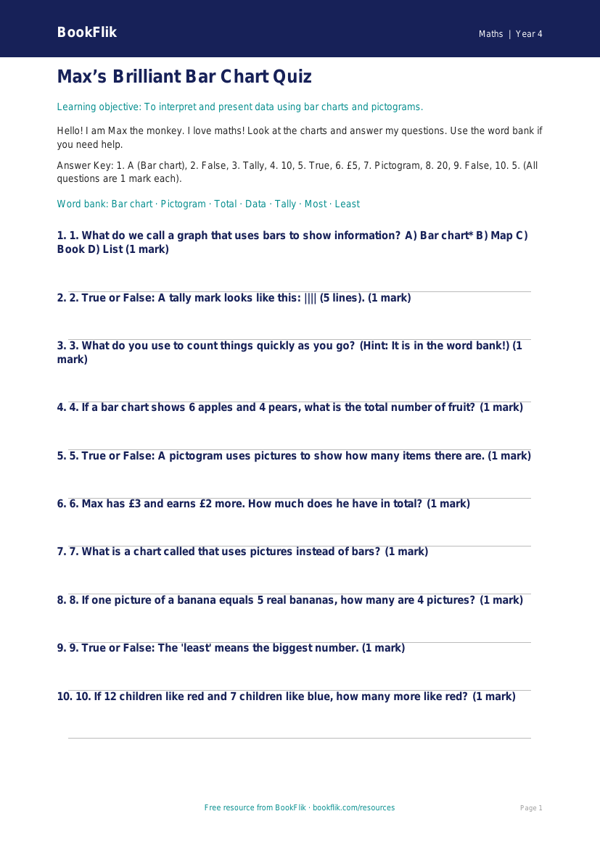 Free Statistics Quiz | Year 4 Supported | BookFlik worksheet preview — Maths Statistics