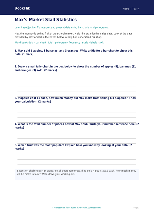 Free Statistics Template | Year 4 Supported | BookFlik worksheet preview — Maths Statistics