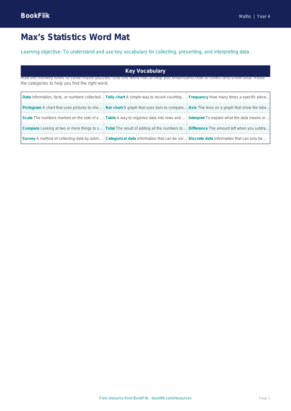 Free Statistics Word Mat | Year 4 Supported | BookFlik worksheet preview — Maths Statistics