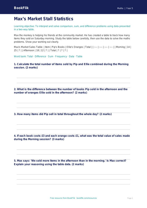 Free Statistics Activity Sheet | Year 5 Core | BookFlik worksheet preview — Maths Statistics