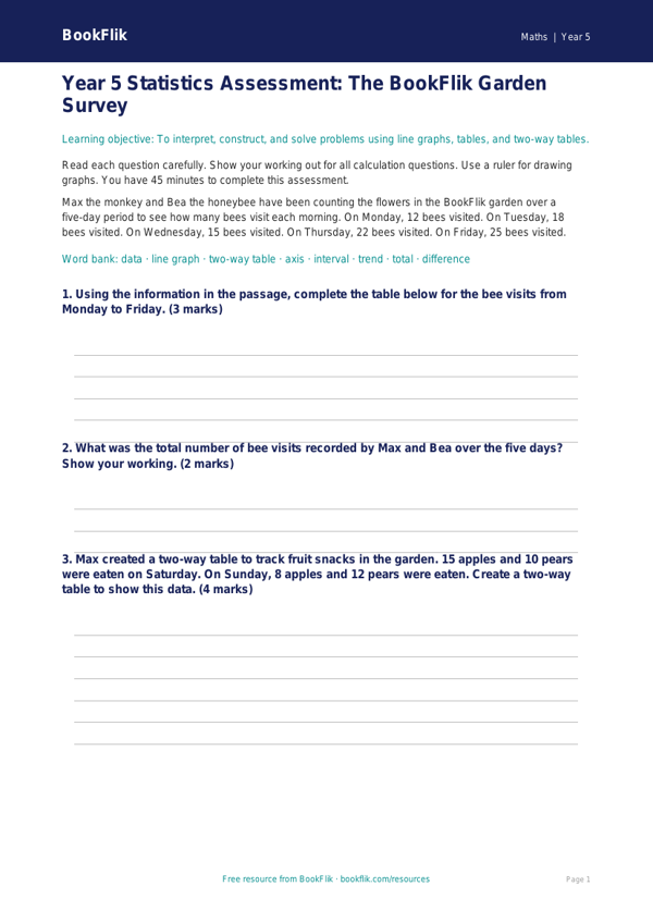 Free Statistics Assessment | Year 5 Core | BookFlik worksheet preview — Maths Statistics