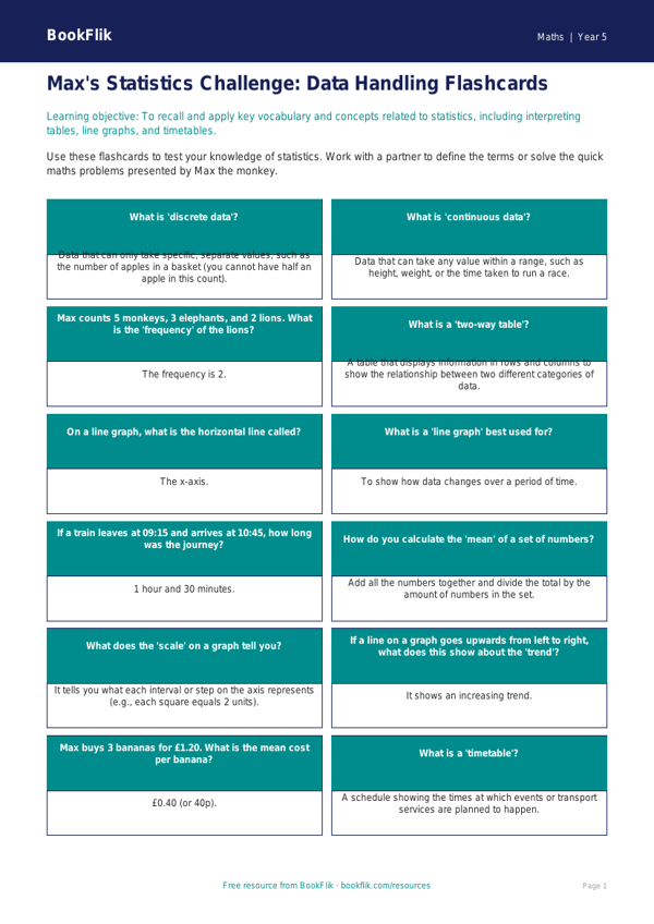 Free Statistics Flashcards | Year 5 Core | BookFlik worksheet preview — Maths Statistics