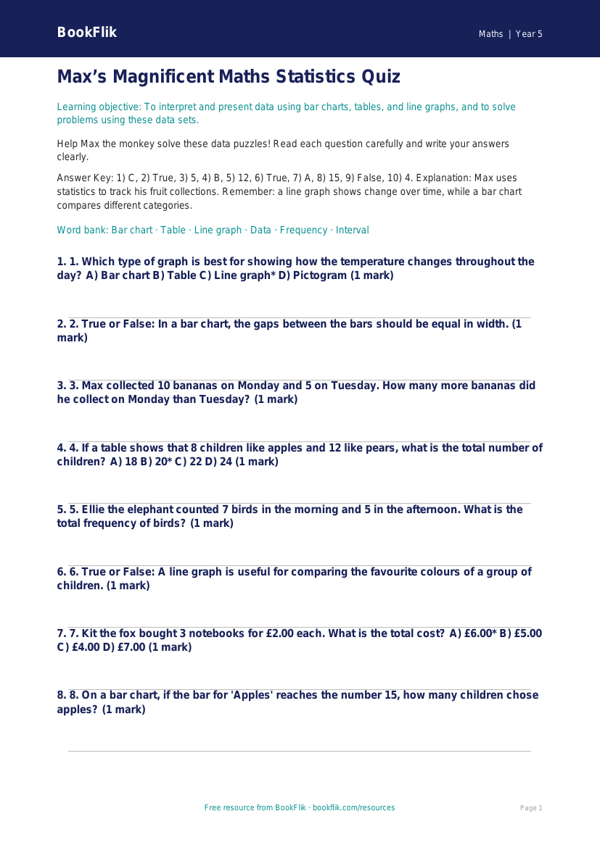Free Statistics Quiz | Year 5 Core | BookFlik worksheet preview — Maths Statistics