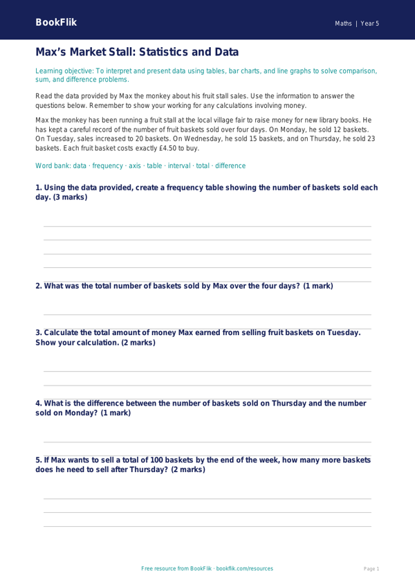Free Statistics Track Sheet | Year 5 Core | BookFlik worksheet preview — Maths Statistics