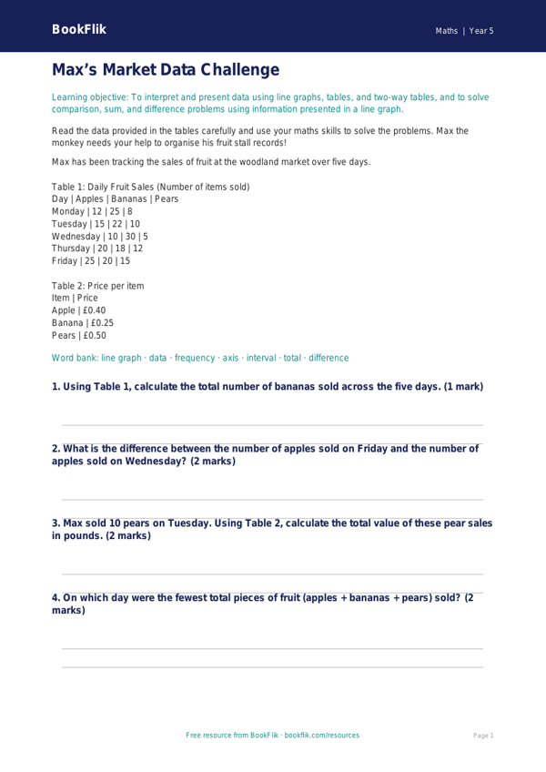 Free Statistics Worksheet | Year 5 Core | BookFlik worksheet preview — Maths Statistics