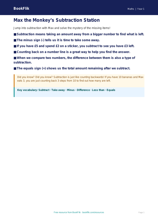 Free Subtraction Poster | Year 1 Core | BookFlik worksheet preview — Maths Subtraction