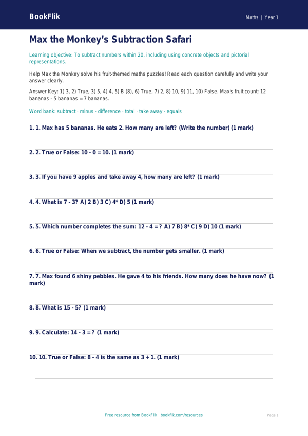 Free Subtraction Quiz | Year 1 Core | BookFlik worksheet preview — Maths Subtraction