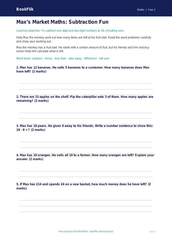Free Subtraction Worksheet | Year 1 Core | BookFlik worksheet preview — Maths Subtraction
